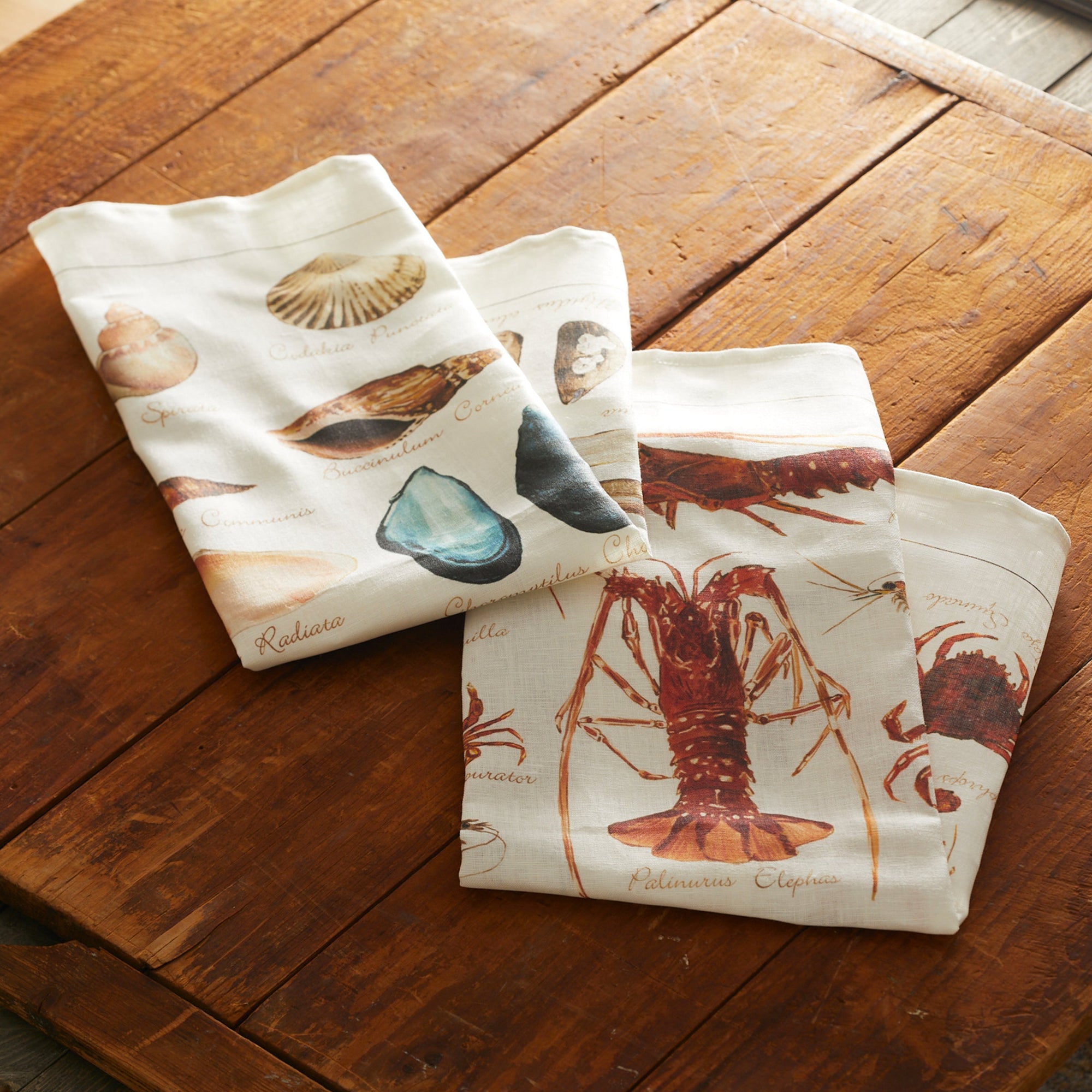 Two 100% linen kitchen towels featuring colorful illustrations of various seafood and shellfish, including crabs, shrimp, and different types of shells. Made in Italy and sustainably sourced for a touch of eco-friendly elegance in your kitchen. Introducing the Shoreline Linen Kitchen Towels, Set of 2 by TTT.