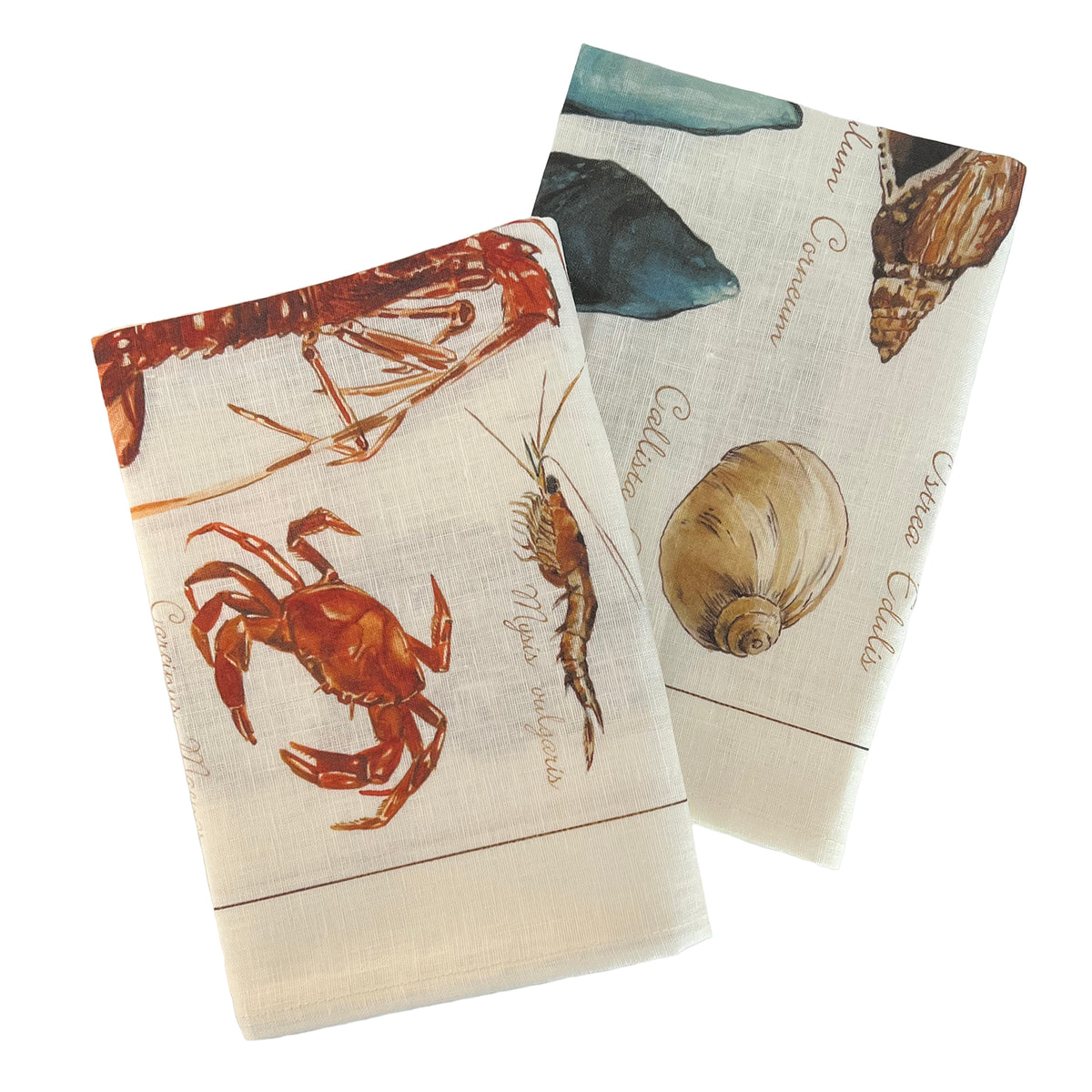Shoreline mixed Kitchen Towels set with Coastal Shells and Crustaceans in Italian Linen from Caskata