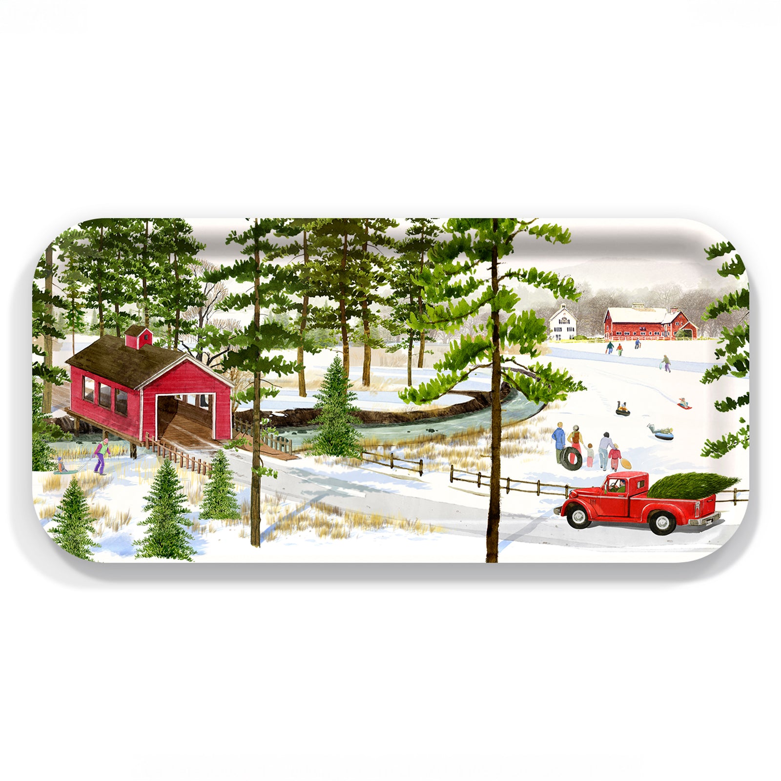 The Caskata X Felix Doolittle Sledding Small Rectangular Tray by Caskata features a snowy rural scene with a red bridge, children sledding, and a festive truck, beautifully crafted from sustainable birchwood in Finland.
