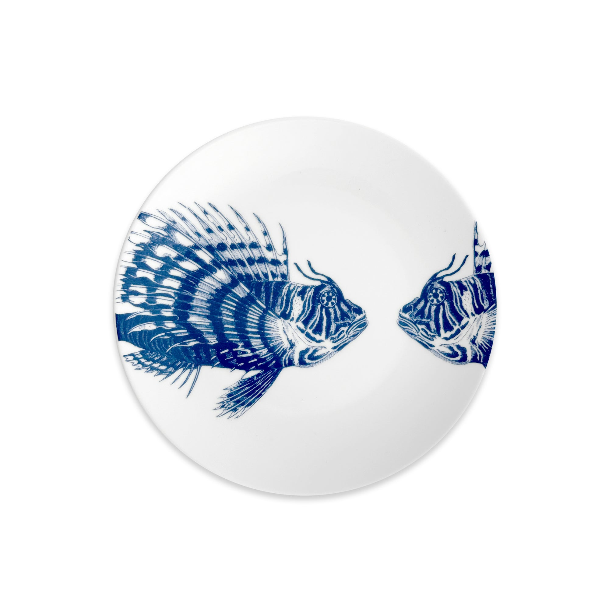 The Caskata Spiky Fish Coupe Salad Plate is a white porcelain plate with two detailed blue fish, perfect for adding coastal charm to your dinnerware.