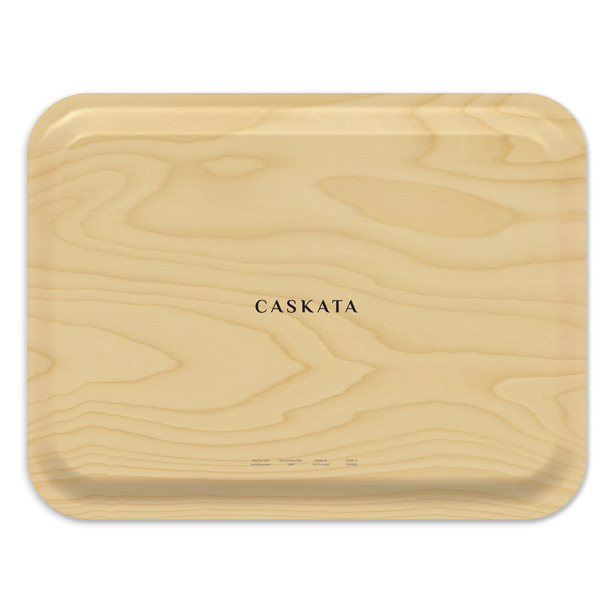 The Spotted Stingray Large Rectangular Birchwood Tray by Caskata, part of the Coastal Collection, features a subtle wood grain design with rounded corners and the brand name printed in the center, combining elegance with eco-friendly craftsmanship.