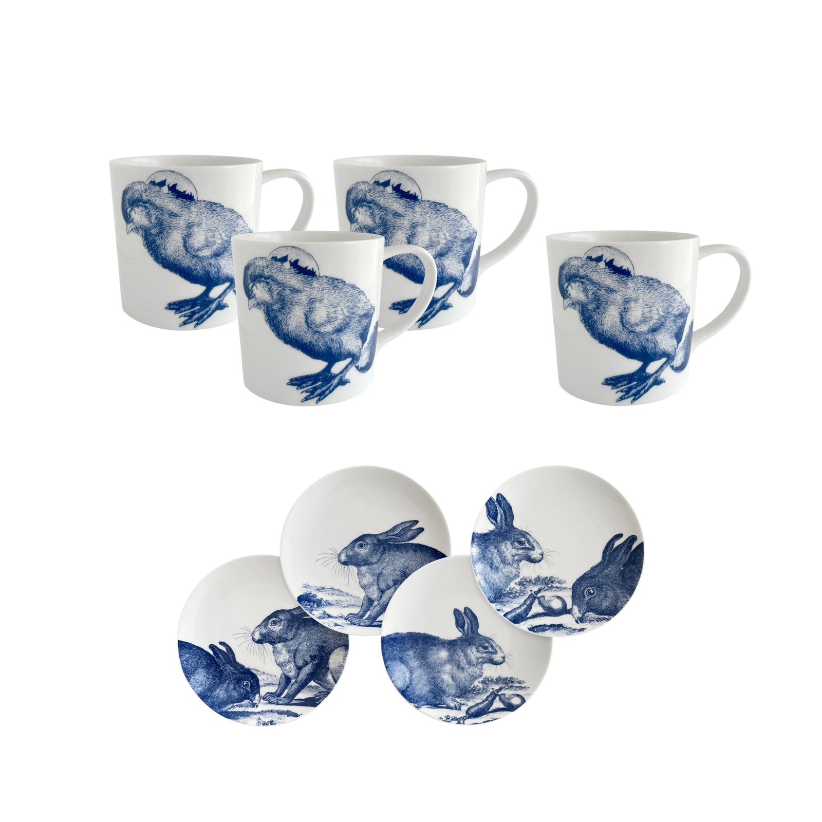 The Spring Critters Breakfast Bundle from Caskata includes four porcelain mugs with blue dodo bird designs and four plates featuring charming blue rabbits—perfect for your Easter brunch table.