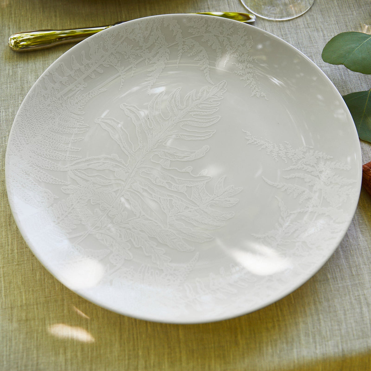 Spring Coupe Platter with Ferns in white on white porcelain from Caskata