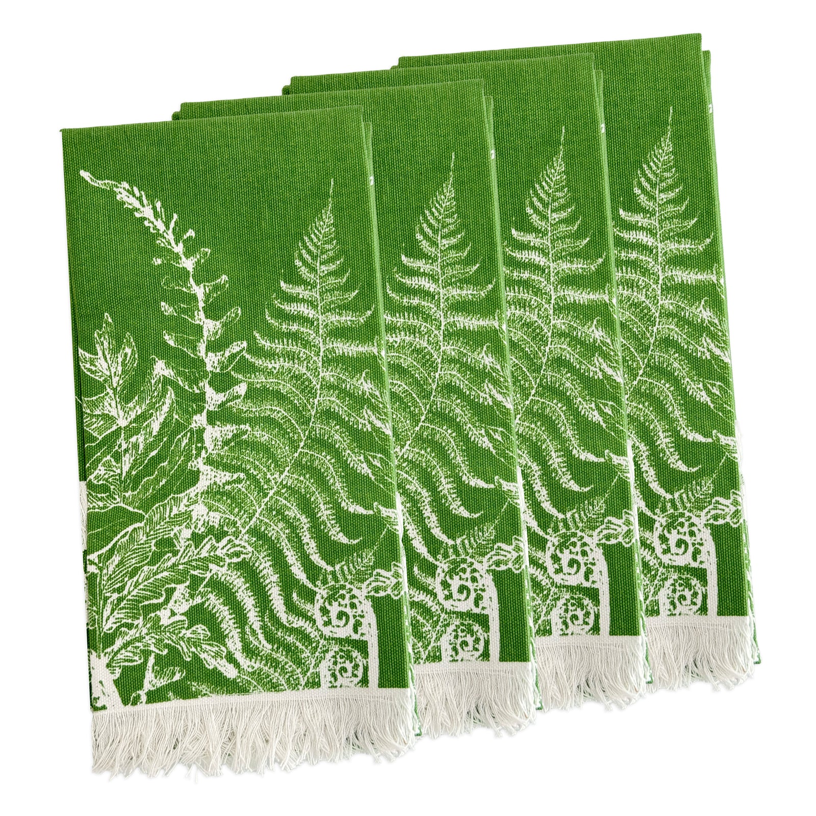 Caskata’s Spring Verde Dinner Napkins feature a set of four green cotton napkins with white fern leaf patterns and fringed ends, ideal for fresh spring table decor.