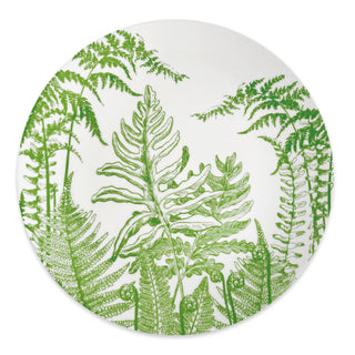 The Caskata Spring Verde Round Platter is a premium porcelain serving dish adorned with detailed green fern illustrations on its round white surface.