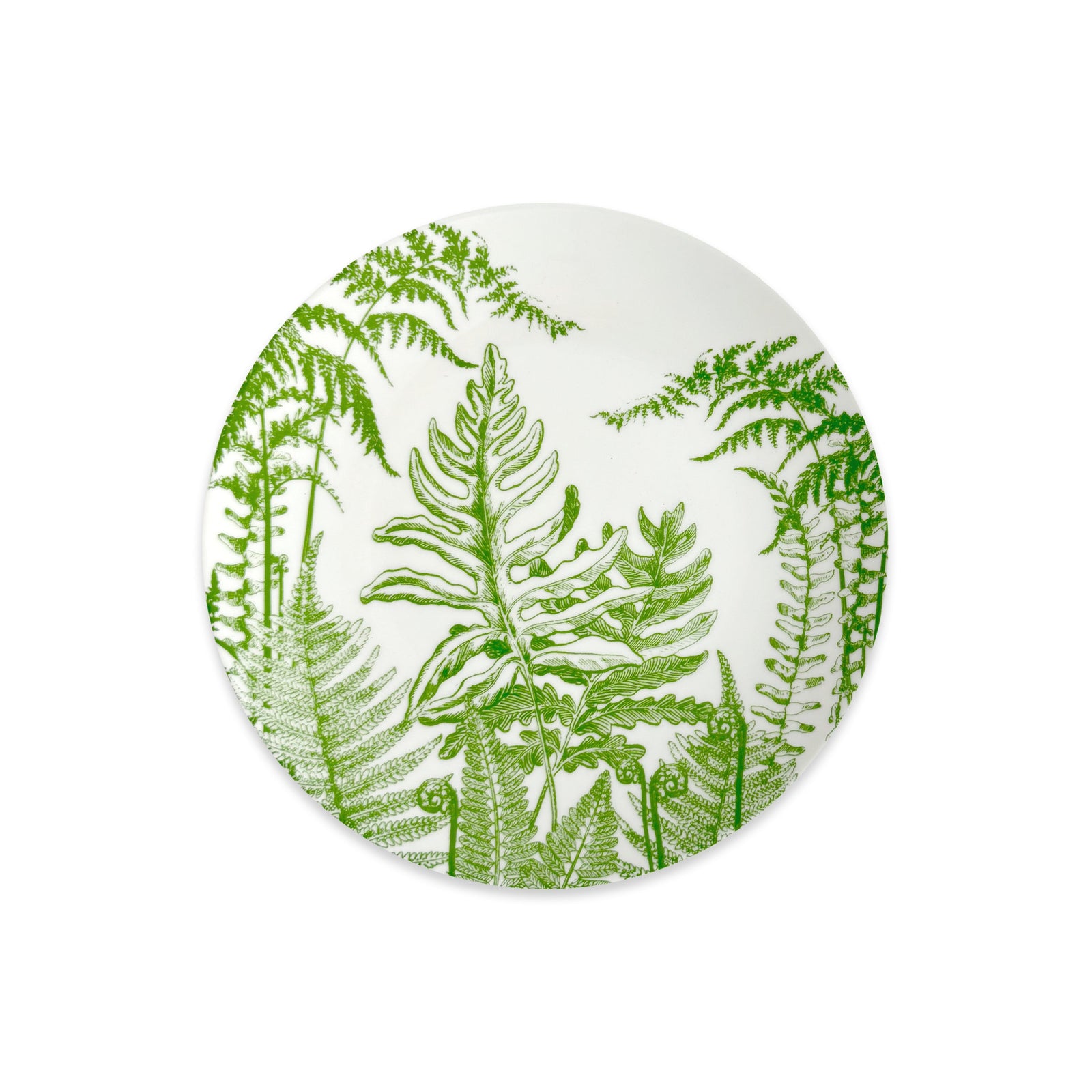 The Caskata Spring Verde Coupe Salad Plate is a round white porcelain plate adorned with a green fern leaf design, bringing elegant botanical style to any table.