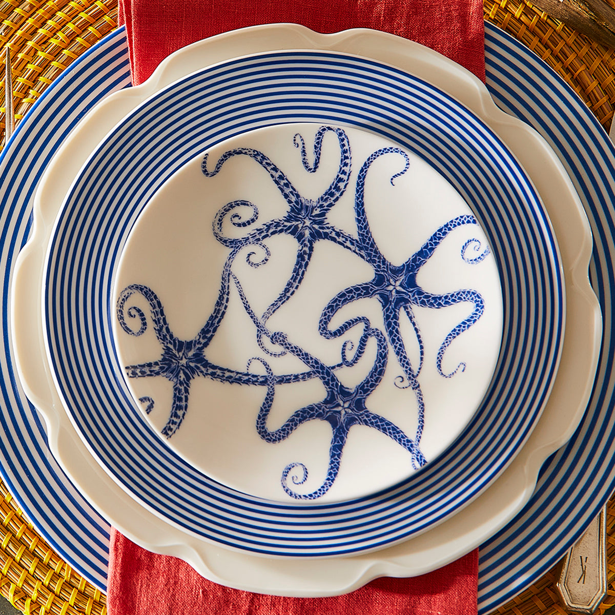 Here's a collection of our best-selling Coastal Dinnerware patterns in blue and white porcelain, with a few red and white accents, for mixing and matching your tablescape from Caskata.