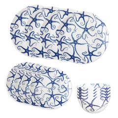 The Caskata Starfish Table for 4 set includes six white plates and six bowls with blue octopus tentacle patterns—perfect coastal dishes to bring a touch of the ocean to your table.