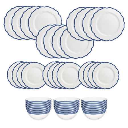 The Caskata Stella Blue Table for 12 is a 36-piece high-fired porcelain dinnerware set with blue rims, featuring 12 large plates, 12 small plates, and 12 bowls. Dishwasher and microwave safe. Set shown neatly arranged on a white background.