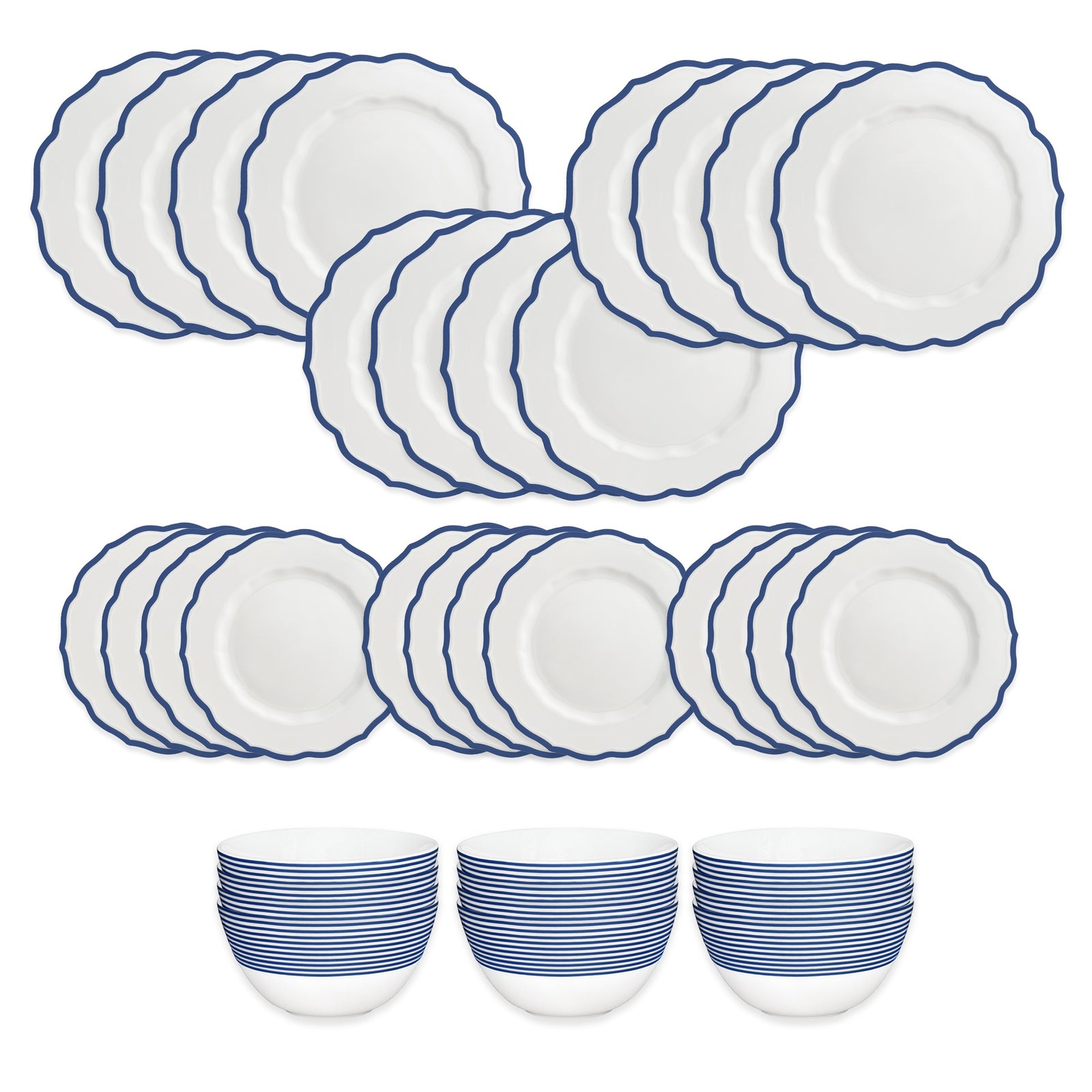 The Caskata Stella Blue Table for 12 is a 36-piece high-fired porcelain dinnerware set with blue rims, featuring 12 large plates, 12 small plates, and 12 bowls. Dishwasher and microwave safe. Set shown neatly arranged on a white background.