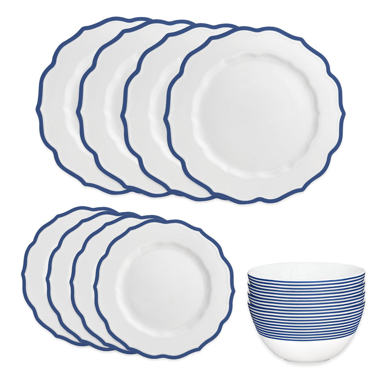The Caskata Stella Blue Table for 4 set includes six large plates, six small plates, and one bowl, all in white with blue rim designs. Dishwasher and microwave safe, this porcelain set brings elegance to any table.