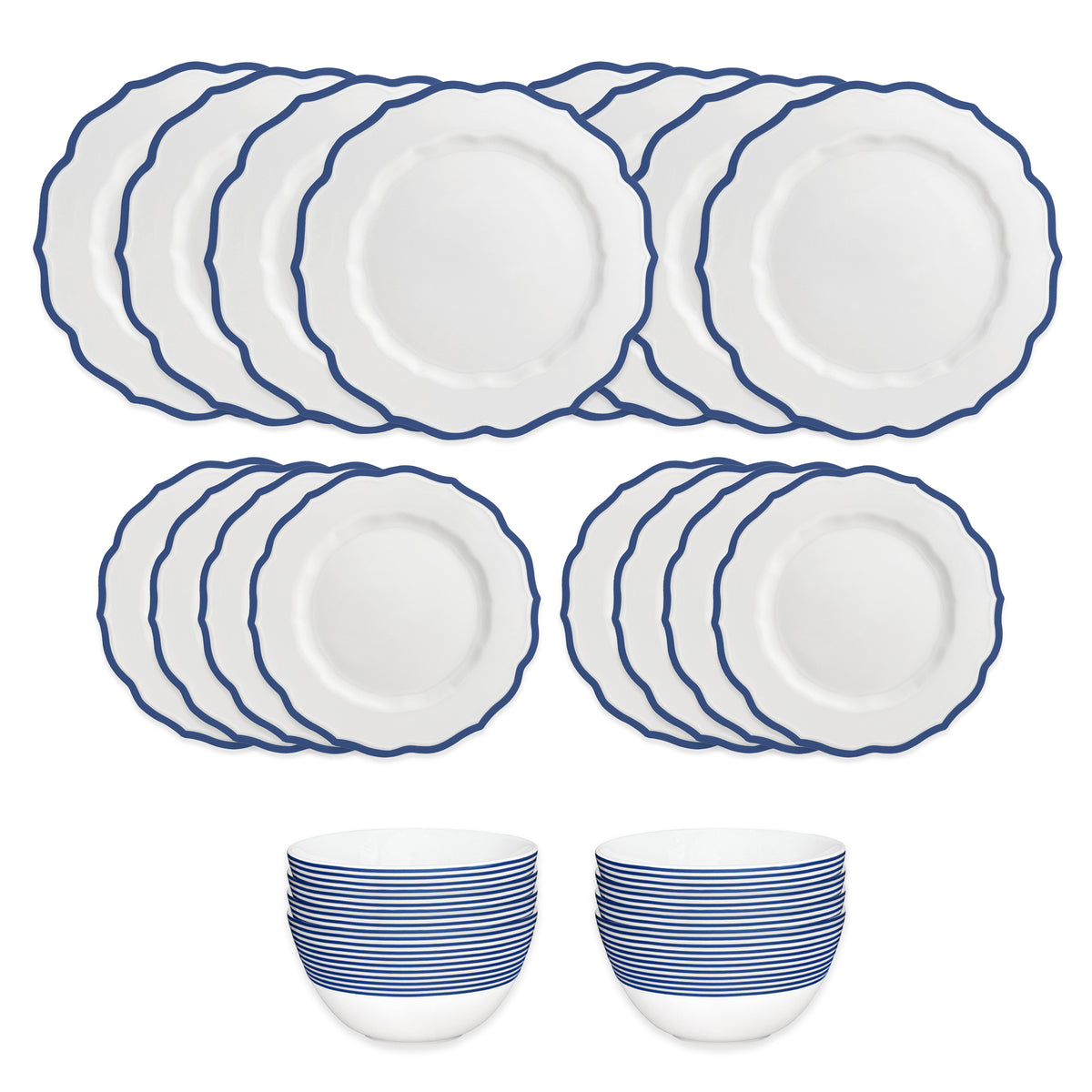 The Caskata Stella Blue Table for 8 is a 16-piece, high-fired porcelain dinnerware set with scalloped white plates featuring blue trim and two bowls with blue stripes; dishwasher and microwave safe.