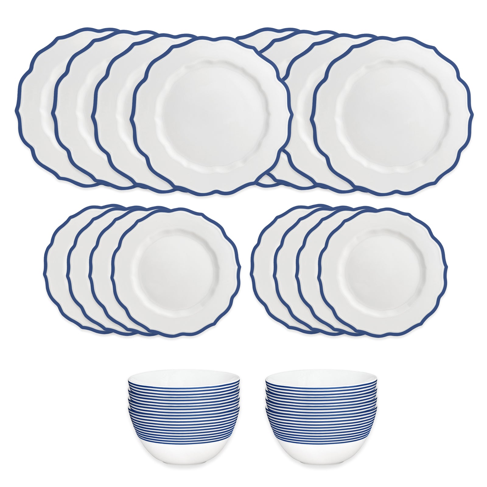 The Caskata Stella Blue Table for 8 is a 16-piece, high-fired porcelain dinnerware set with scalloped white plates featuring blue trim and two bowls with blue stripes; dishwasher and microwave safe.