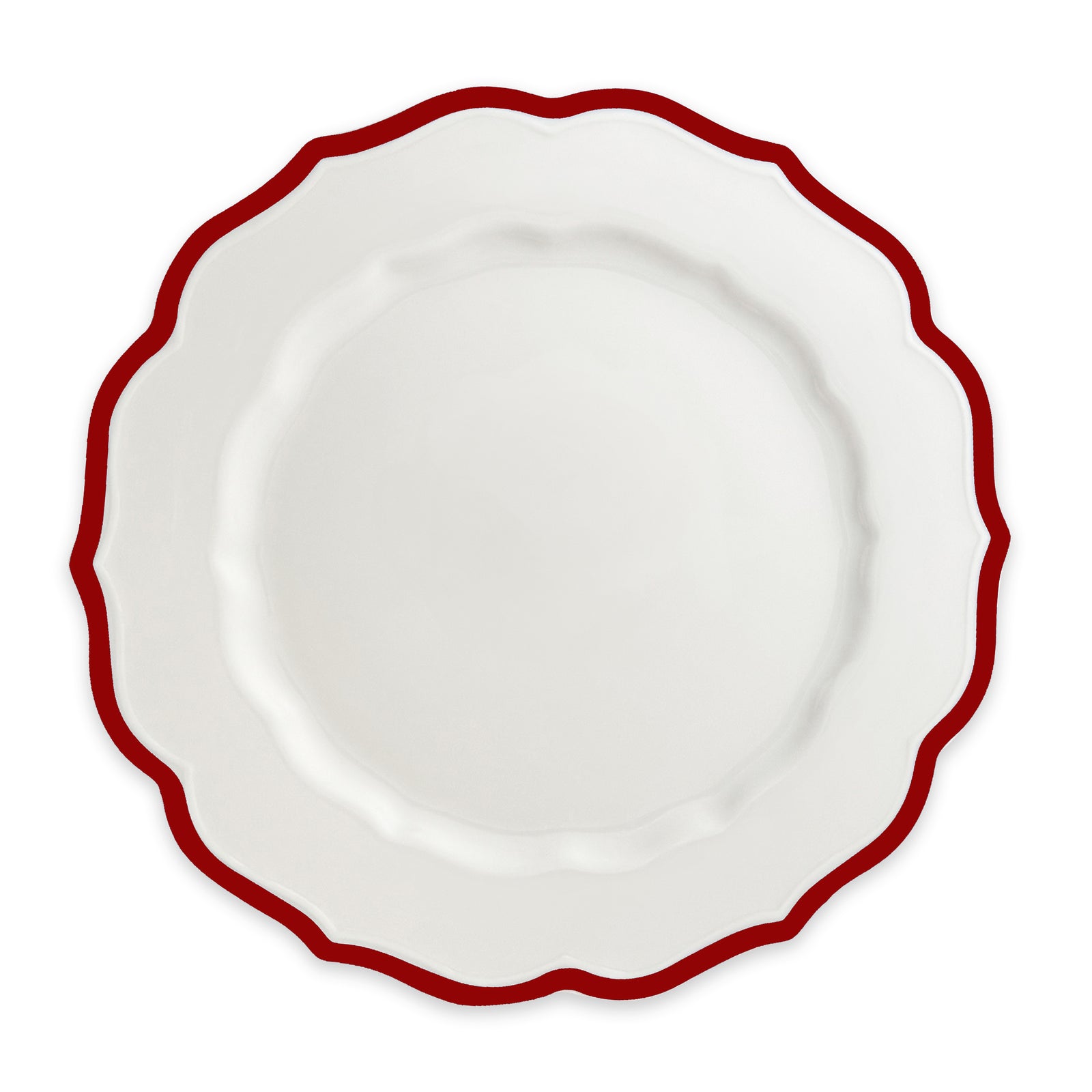 The Stella Scalloped Crimson Dinner Plate by Caskata is an heirloom-quality, high-fired porcelain plate with a scalloped edge and a bold red border, shown from above against a plain background.