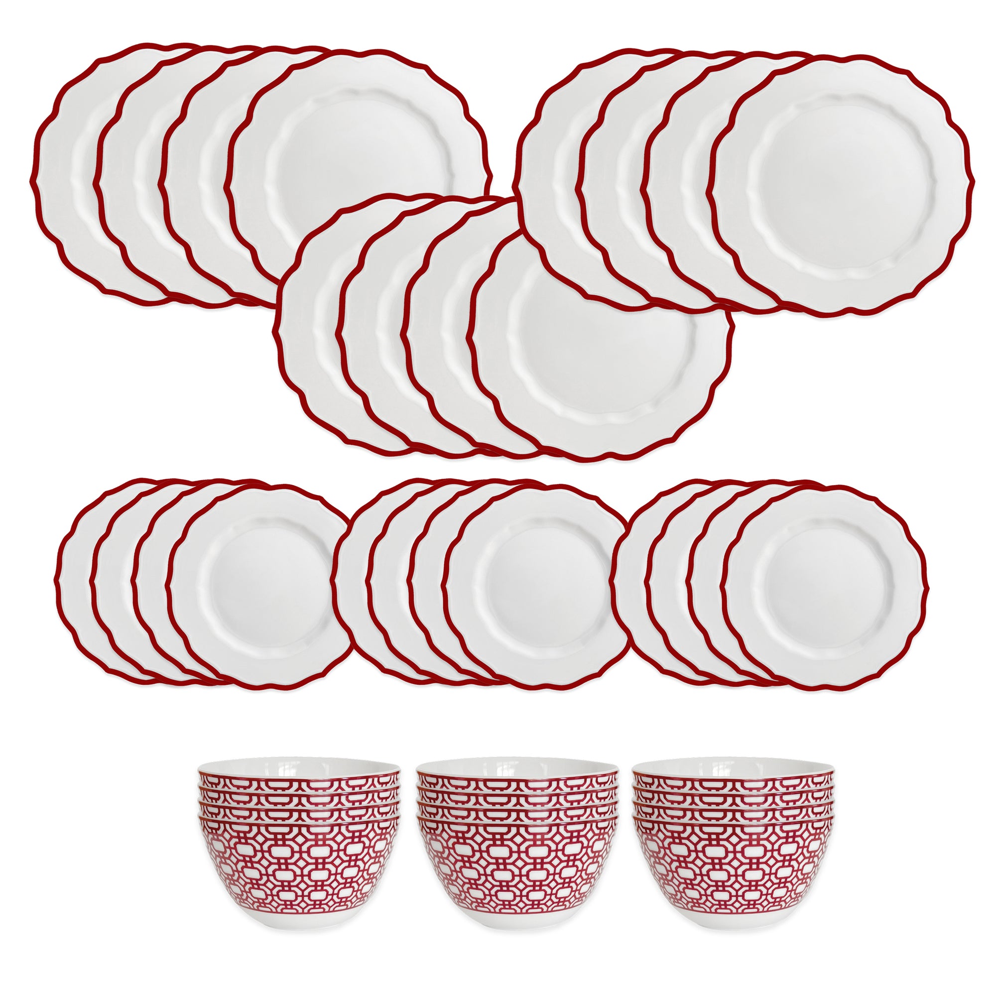 The Caskata Stella Red Table for 12 is a porcelain dinnerware set with twelve white plates featuring red scalloped edges and three white bowls with red geometric patterns—ideal holiday dinnerware.