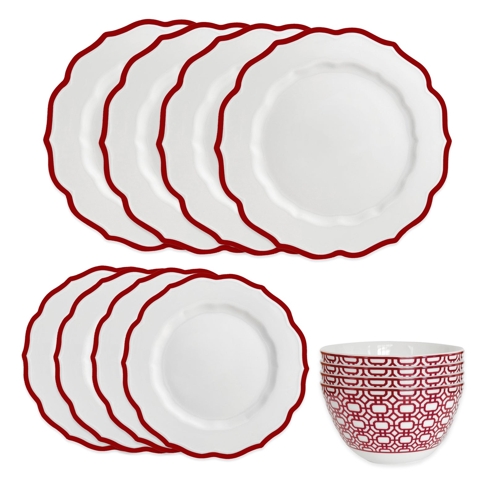 The Caskata Stella Red Table for 4 features elegant white plates with red scalloped rims and a white bowl with a red geometric pattern—a perfect porcelain dinnerware set for your holiday table.