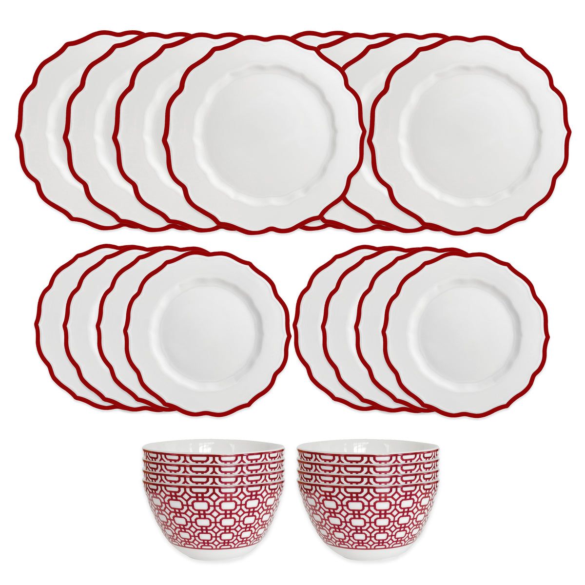The Stella Red Table for 8 by Caskata offers twelve white plates with red scalloped edges and two bowls with red geometric patterns—an ideal porcelain dinnerware set to create a festive holiday look for special gatherings.