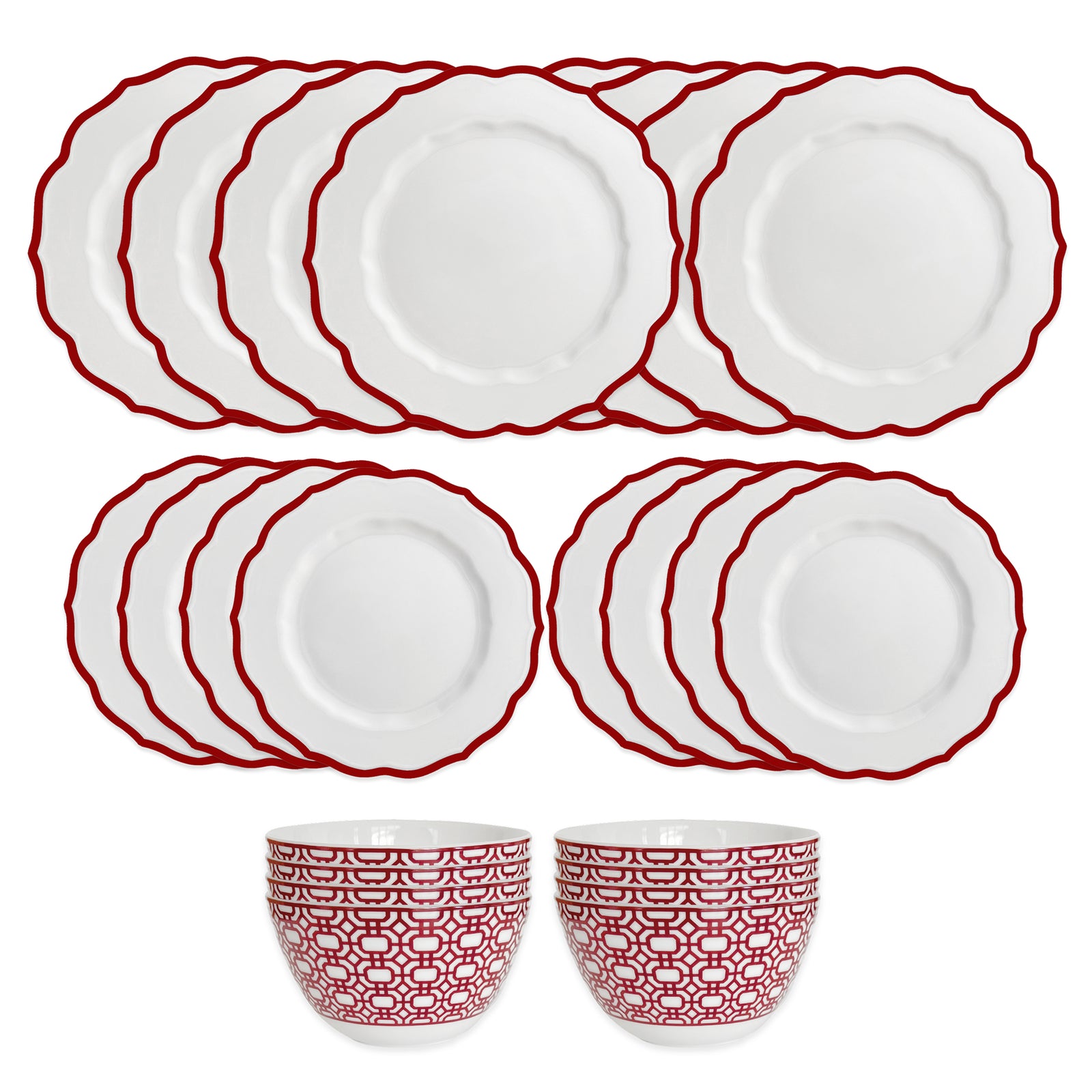 The Stella Red Table for 8 by Caskata offers twelve white plates with red scalloped edges and two bowls with red geometric patterns—an ideal porcelain dinnerware set to create a festive holiday look for special gatherings.