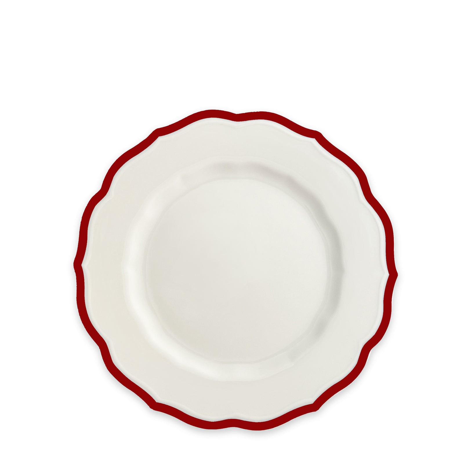 The Caskata Stella Scalloped Crimson Salad Plate features white porcelain with a wavy red-edged rim, adding vintage charm to your table.