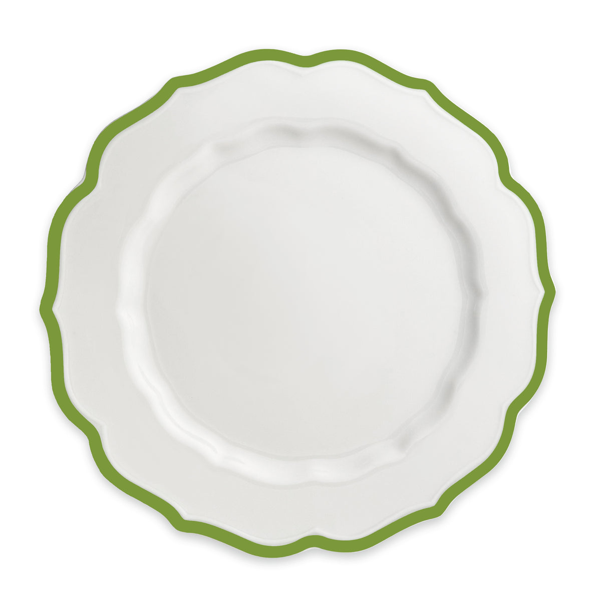 Part of the Caskata Spring Green Essentials Bundle, this round white plate features a scalloped edge and a green border—perfect for refreshing your spring table.