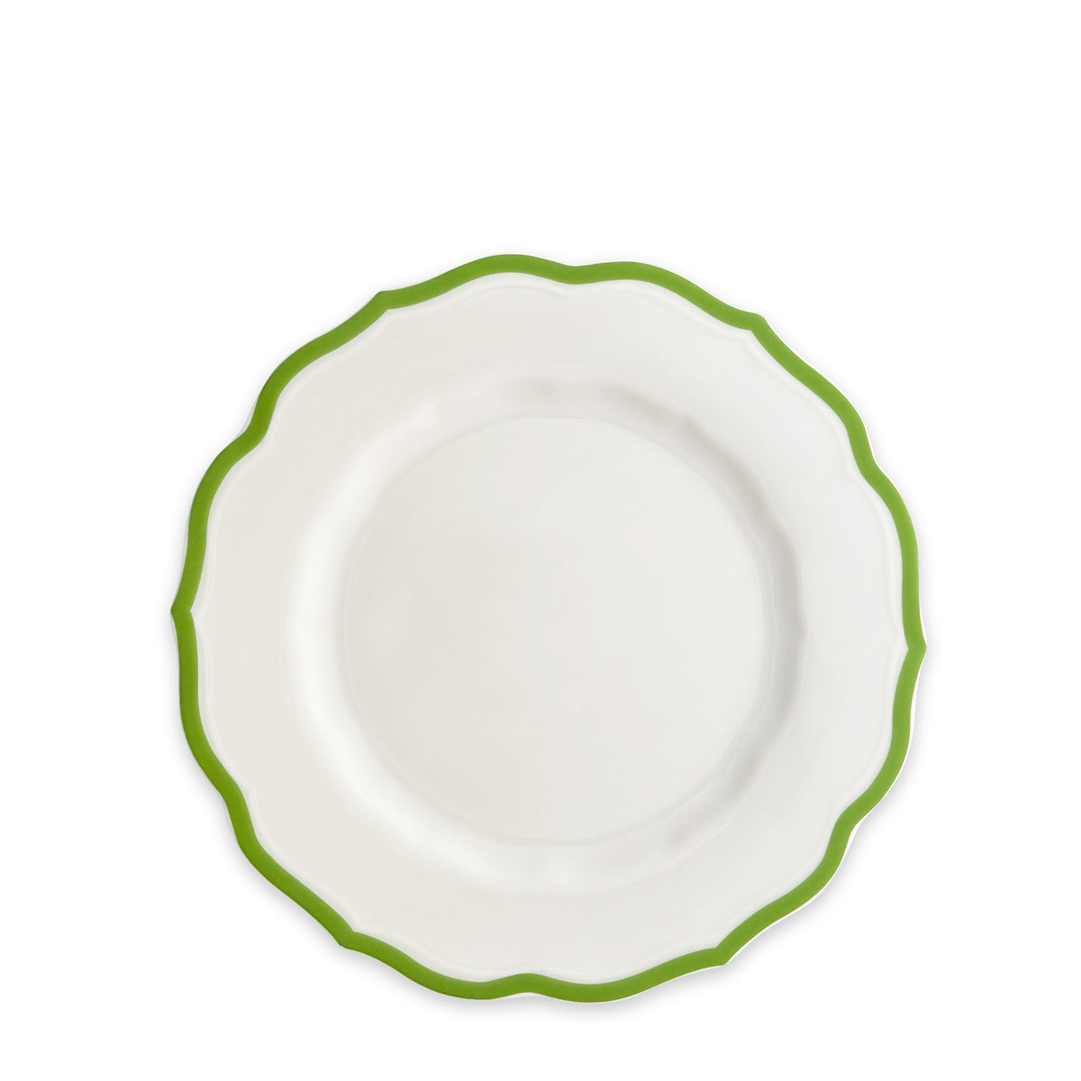 The Greenhouse Luncheon Bundle by Caskata features a white ceramic plate with a wavy green rim, perfect for hosting simple gatherings or adding elegance to your spring table. Artfully displayed from above on a plain background, it&#39;s the ideal choice from the Stella collection.