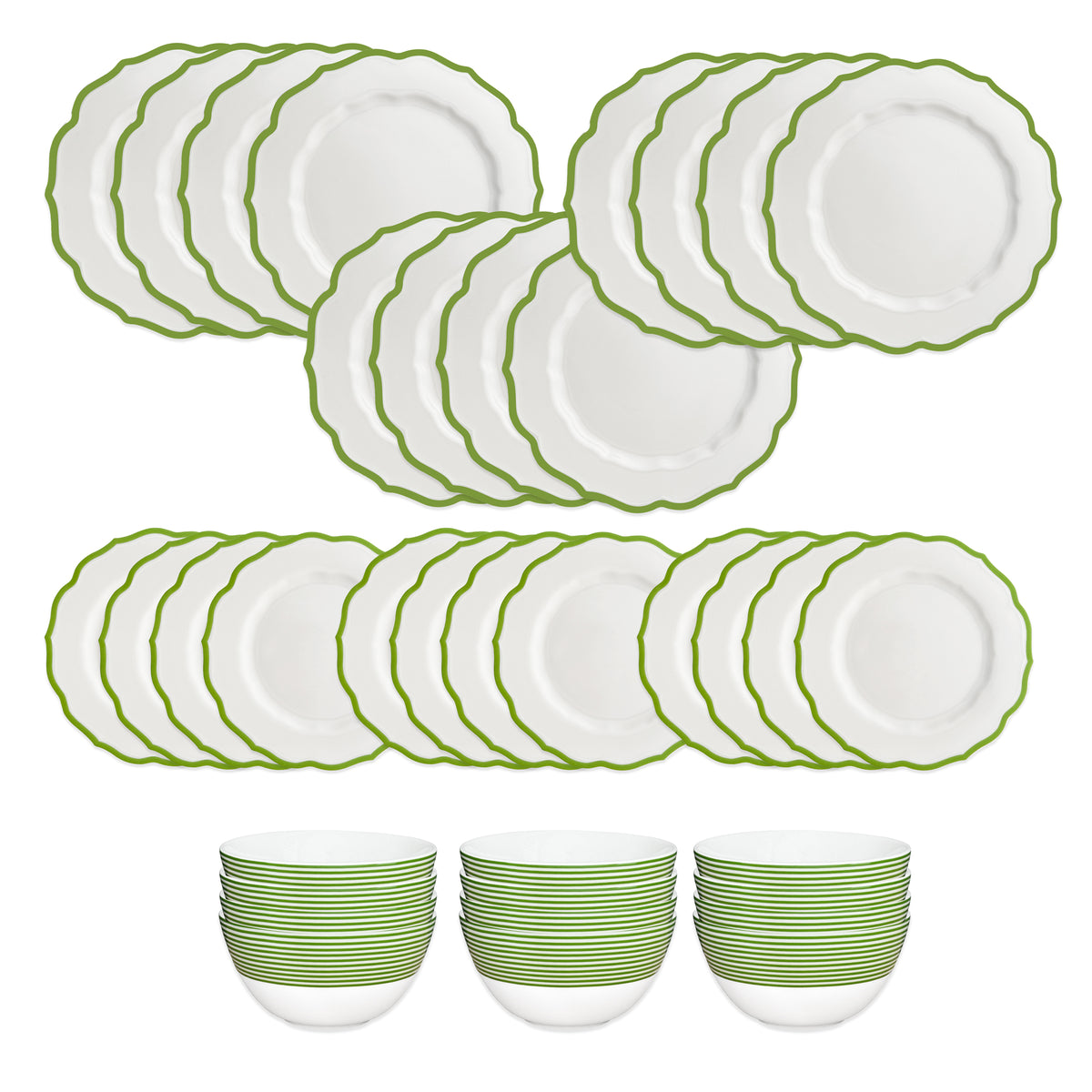 The Caskata Stella Verde Table for 12 is a 36-piece dinnerware set with 24 white porcelain plates featuring green rims and 12 matching bowls, all elegantly arranged for a stylish dining presentation.