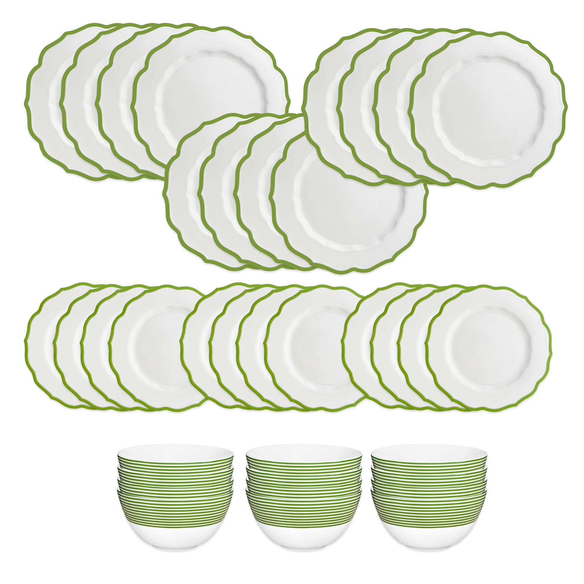 The Caskata Stella Verde Table for 12 is a 36-piece dinnerware set with 24 white porcelain plates featuring green rims and 12 matching bowls, all elegantly arranged for a stylish dining presentation.