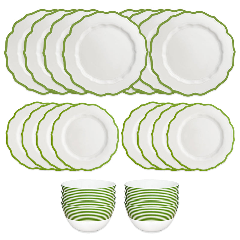 The Caskata Stella Verde Table for 8 is a 24-piece dinnerware set with twelve white porcelain dishes featuring green edges and twelve matching bowls, stacked in two groups on a white background—ideal tableware for eight.