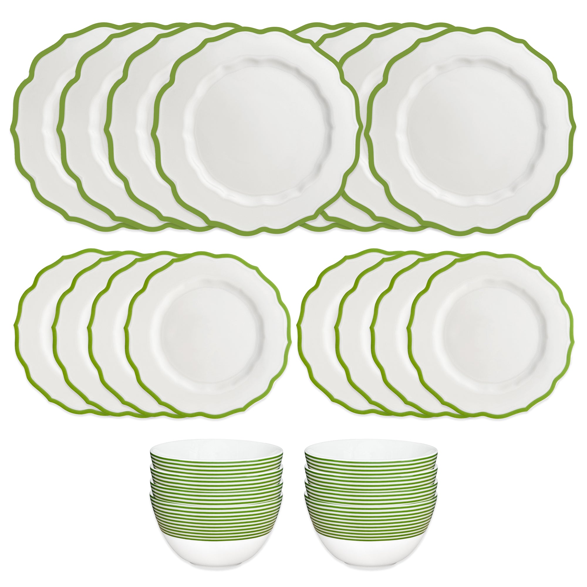 The Caskata Stella Verde Table for 8 is a 24-piece dinnerware set with twelve white porcelain dishes featuring green edges and twelve matching bowls, stacked in two groups on a white background—ideal tableware for eight.