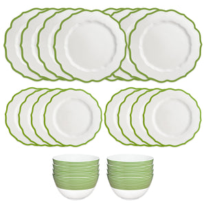 The Caskata Stella Verde Table for 8 is a 24-piece dinnerware set with twelve white porcelain dishes featuring green edges and twelve matching bowls, stacked in two groups on a white background—ideal tableware for eight.