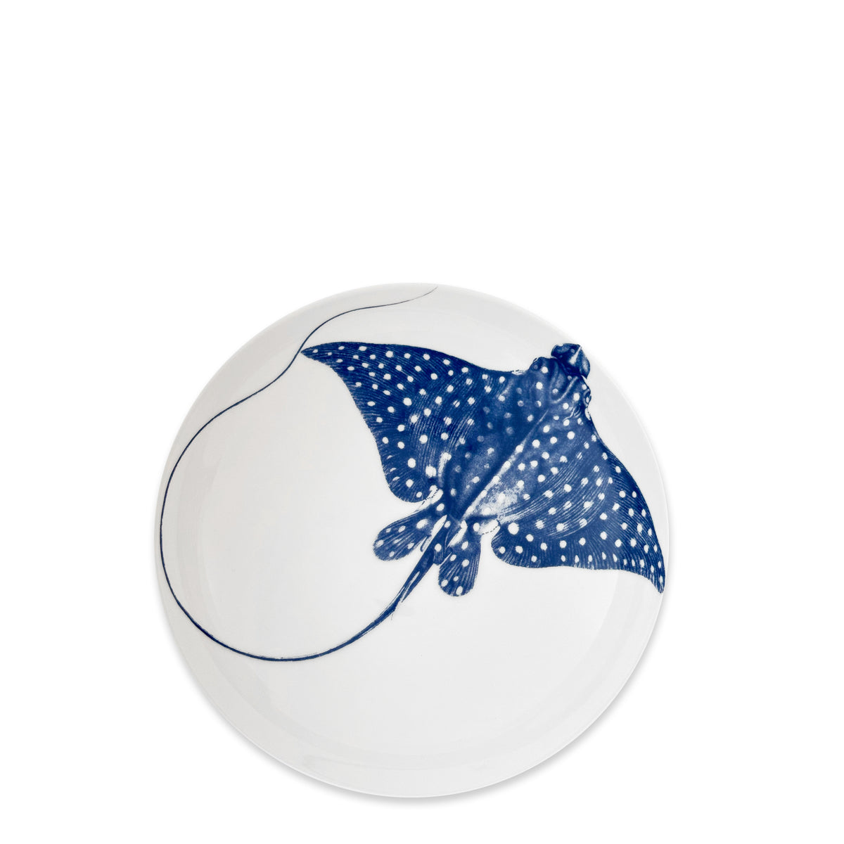 The &quot;Ray&quot; the Stingray Entrée Bowl by Caskata is a white ceramic dish adorned with a blue spotted stingray illustration and long tail, perfect for adding coastal dinnerware charm to your table.