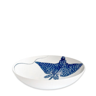 The Ray the Stingray Entrée Bowl by Caskata features playful blue stingray art on white porcelain, adding a whimsical touch to your tableware.