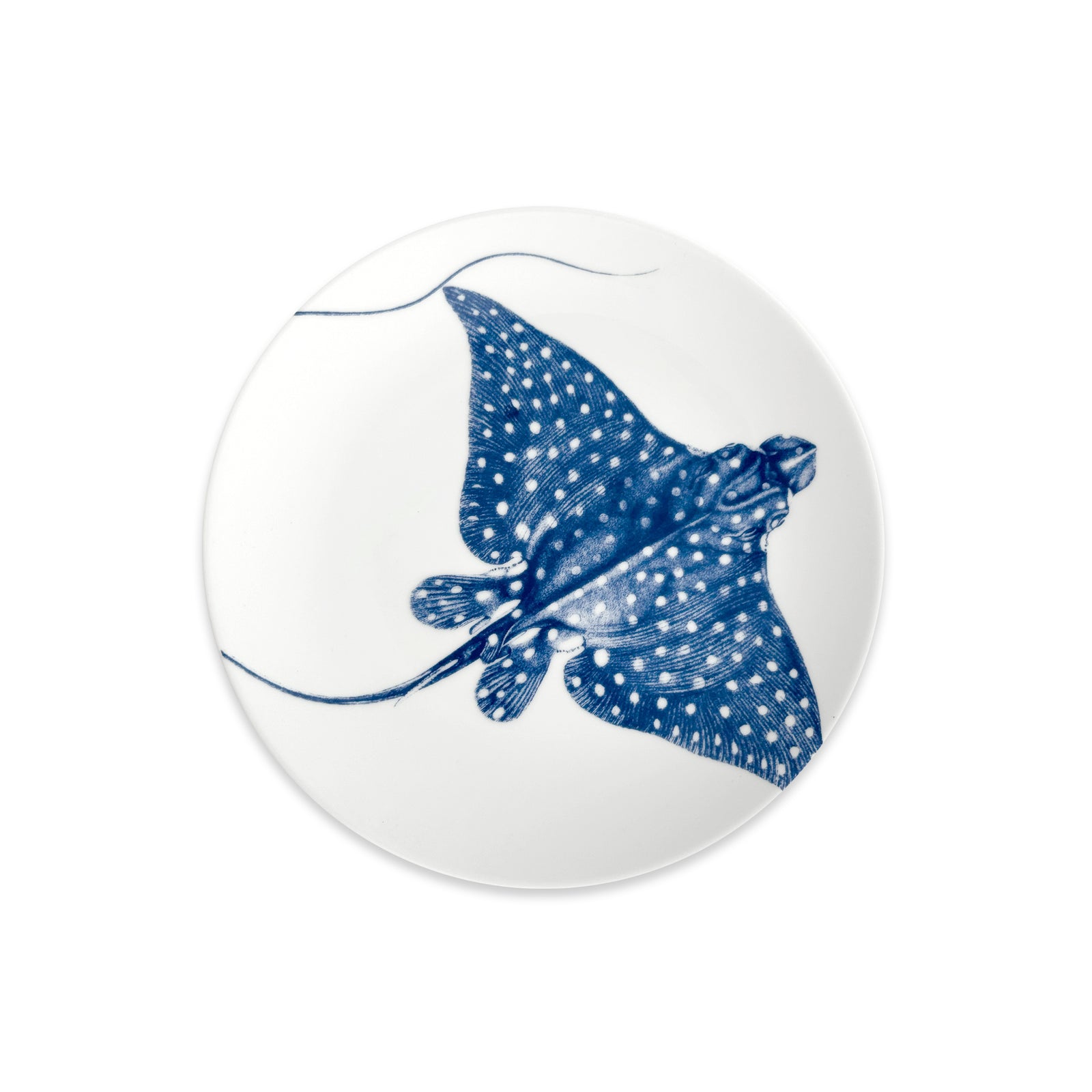 The Caskata Stingray Coupe Salad Plate showcases a detailed blue spotted ray illustration on white, adding coastal charm to your blue and white dinnerware collection.