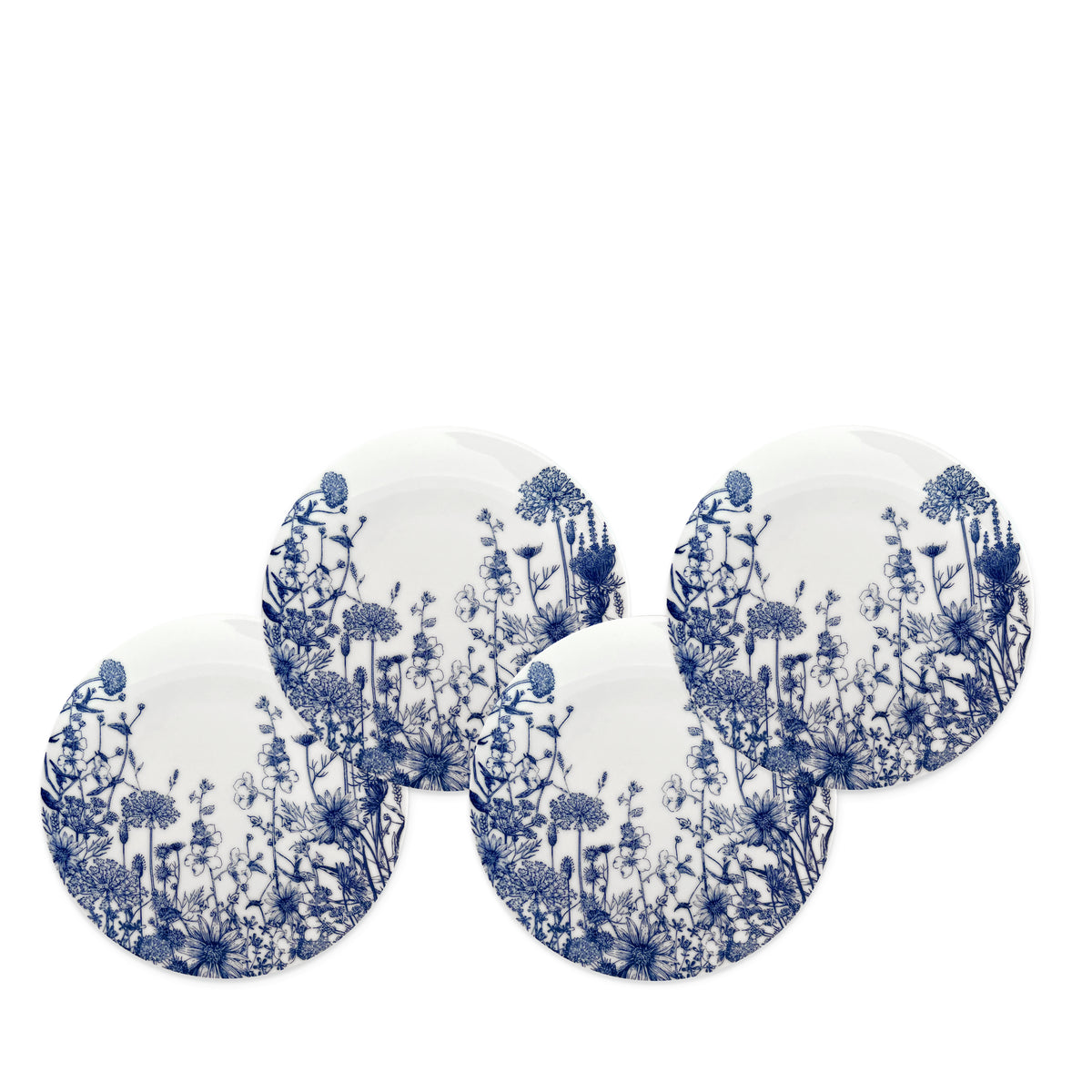 Summer Blues Wildflower Canape Appetizer plates sold as a set of 4 in blue and white porcelain from Caskata