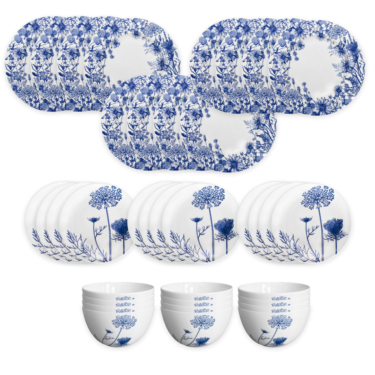 The Caskata Summer Blues Table for 12 is a 36-piece porcelain set with blue floral designs on white, including plates, bowls, and serving platters—perfect for elegant dining.