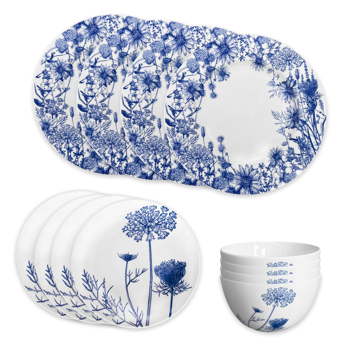 The Caskata Summer Blues Table for 4 is a porcelain dinnerware set featuring six blue and white botanical plates and six matching bowls with elegant floral designs, all displayed on a white background.