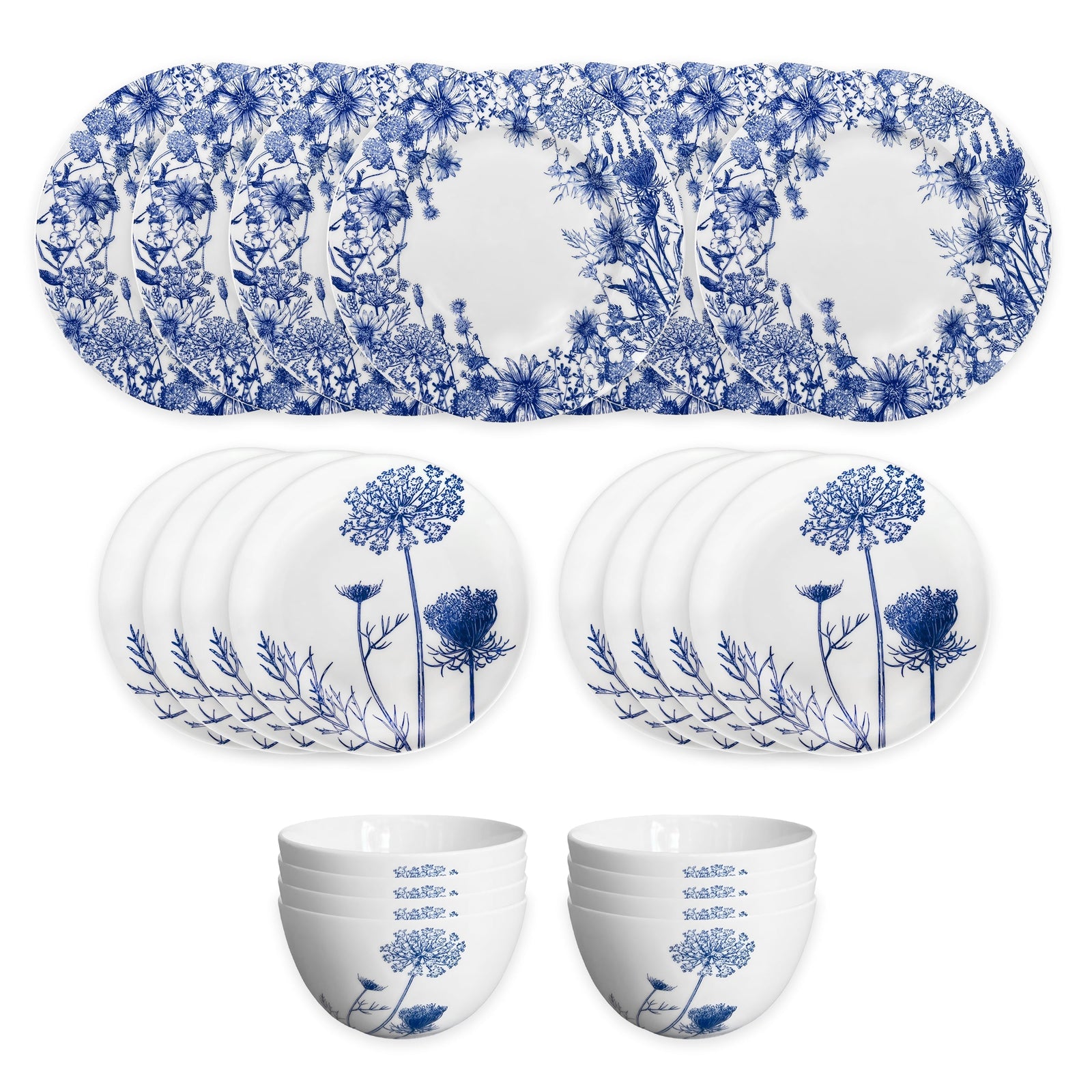 The Summer Blues Table for 8 by Caskata is a 24-piece porcelain dinnerware set with six oval platters, six round plates, and six bowls, all featuring elegant blue and white floral patterns.