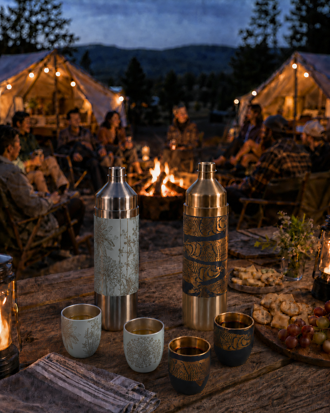 Two Caskata x High Camp Flasks in Summer and Sardines sit open on a table in front of a firelit campground scene at dusk