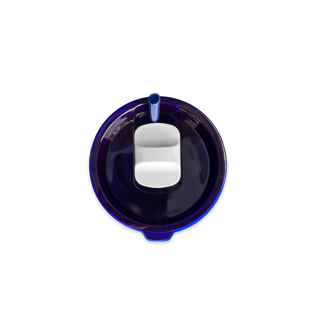 Top view of the Caskata Peony Stainless Steel Insulated Tumbler with a round, blue plastic lid featuring a white two-button mechanism and a central blue straw slot.