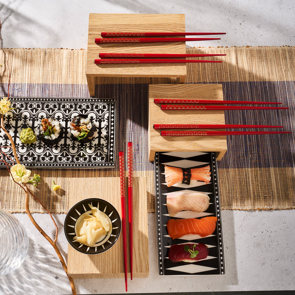 Japanese food on a Tokyo Chopsticks tray with chopsticks by Miya, Inc.