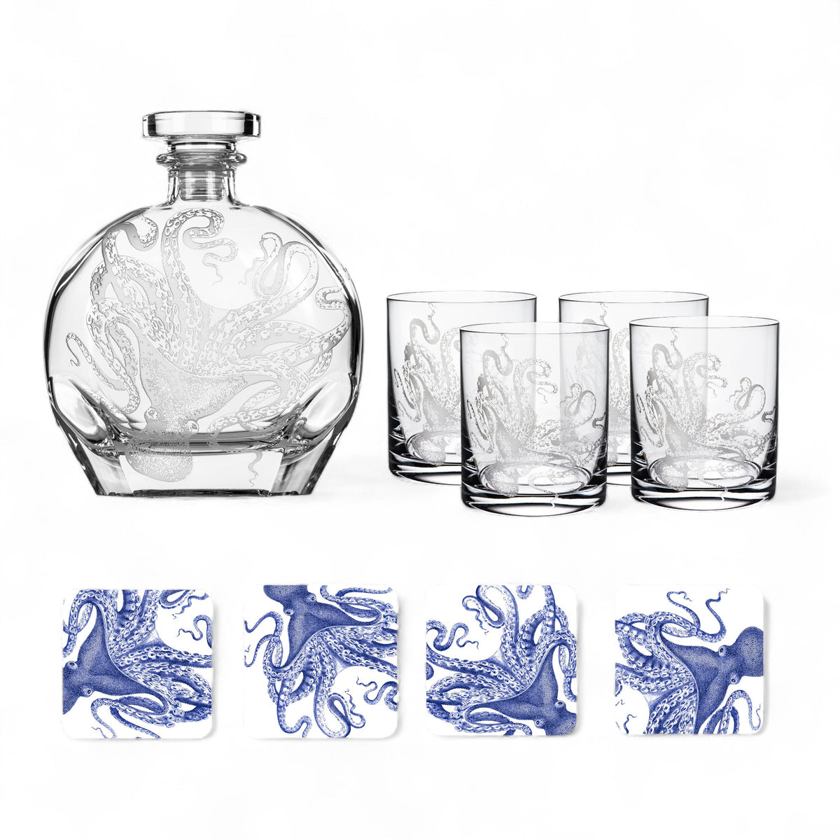 Caskata’s "The Ultimate Seaside Bar" Bundle includes a crystal decanter, four octopus-etched glasses, and four blue octopus square coasters—the perfect beach house gift for ocean lovers.