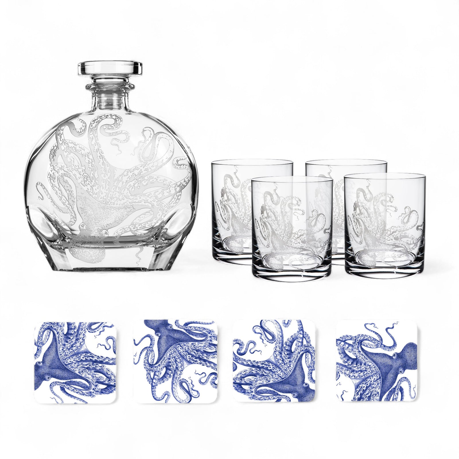 Caskata’s "The Ultimate Seaside Bar" Bundle includes a crystal decanter, four octopus-etched glasses, and four blue octopus square coasters—the perfect beach house gift for ocean lovers.