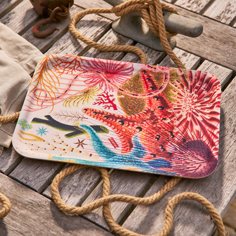 The Caskata Underwater Affair Large Rectangular Birchwood Tray, featuring vibrant coral and sea life artwork, rests on a weathered wooden surface beside coiled ropes.