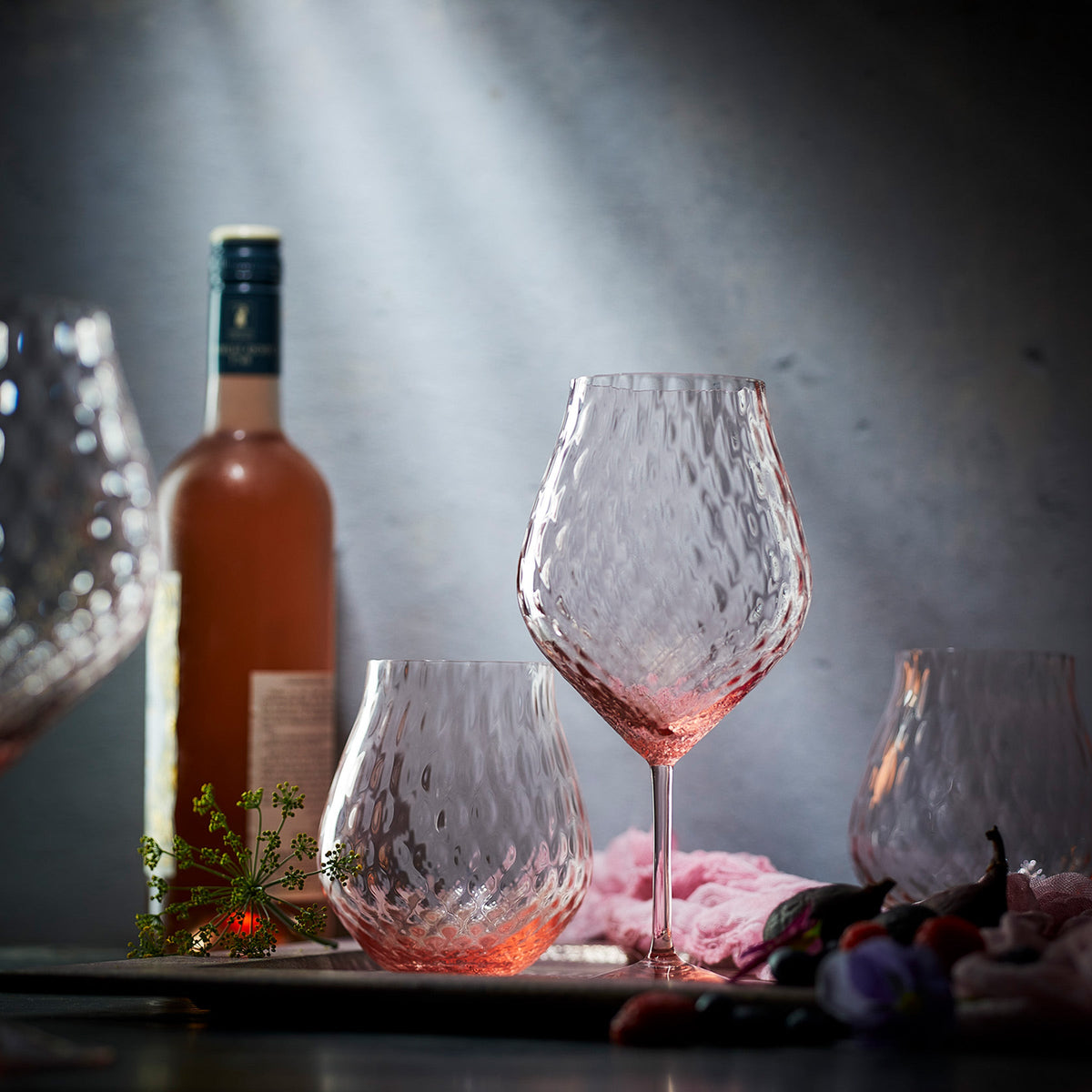 Phoebe rose pink mouth-blown optic crystal universal wine glasses from Caskata.