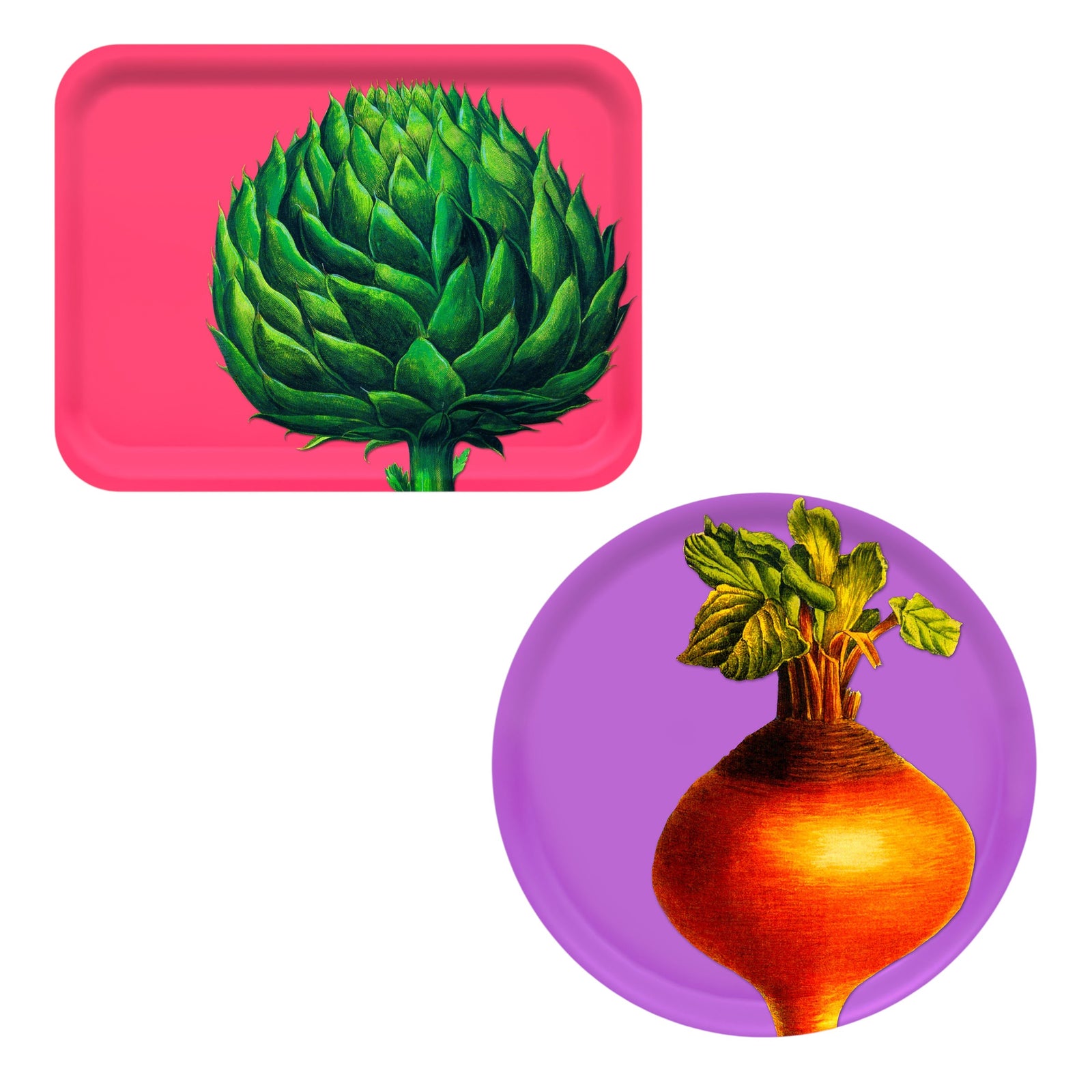 The Caskata Veggies Decorator Set features bright, colorful serving trays: a rectangular birchwood tray with an artichoke on pink and a round tray with a beet on purple—perfect decorative pieces for your home.