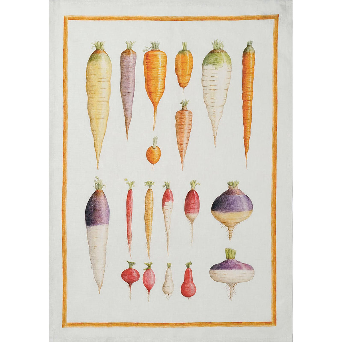 A TTT Veggies Linen Kitchen Towels Set/2 with fresh veggies, including carrots, on it.