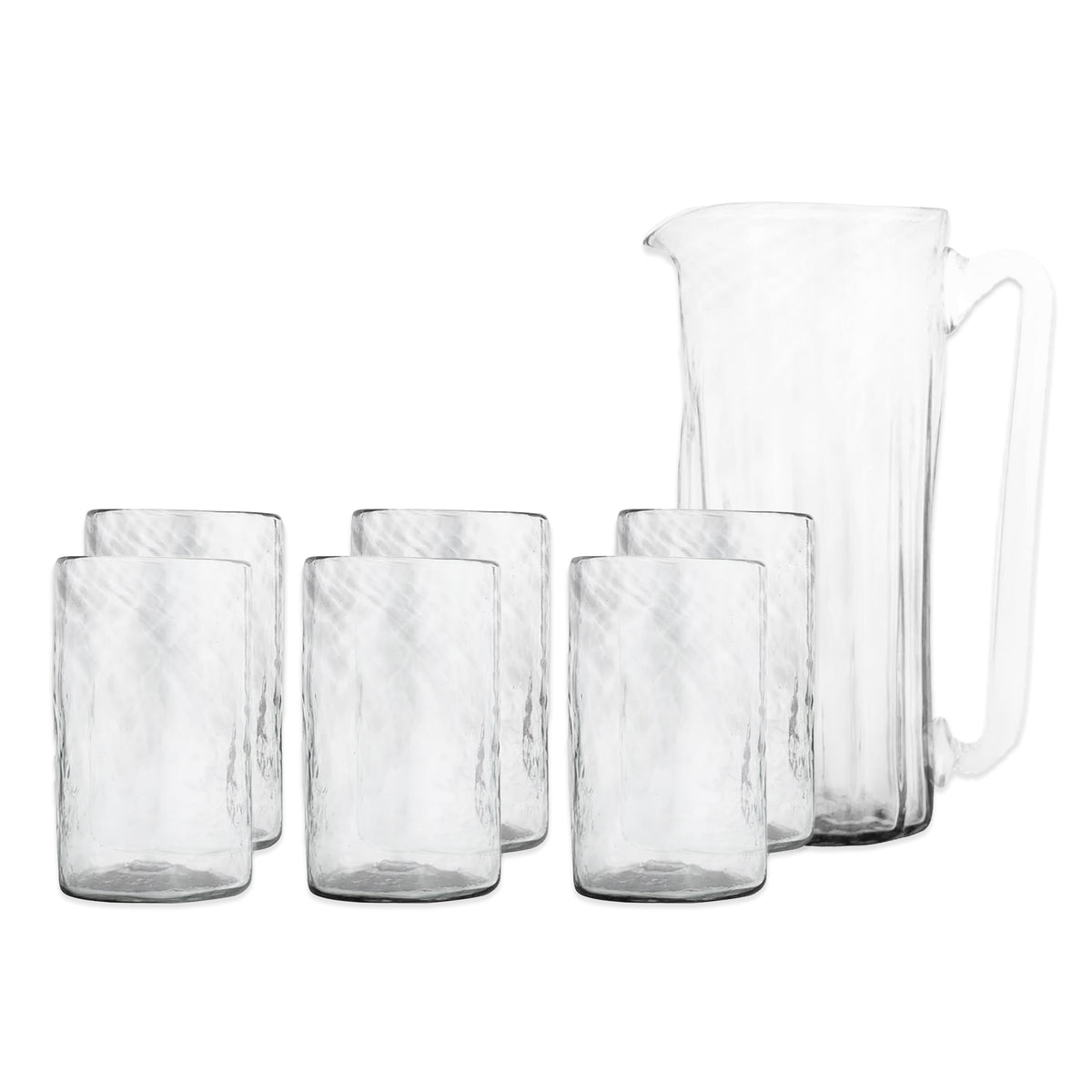 The Caskata "Viento Essentials" Serving Bundle showcases a handblown pitcher and six matching tumblers, all crafted from recycled glass for lasting style, elegantly displayed against a plain white background.