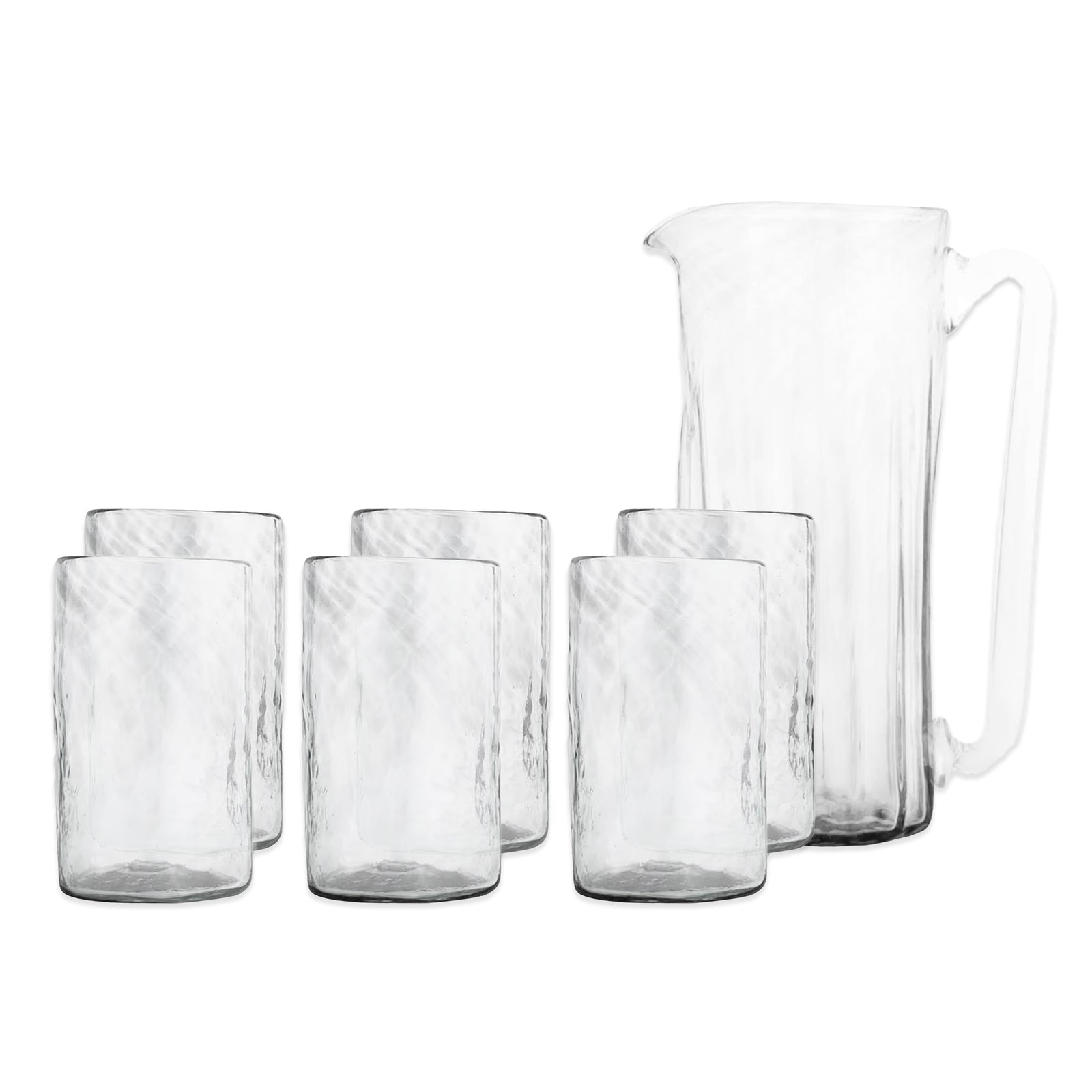 The Caskata "Viento Essentials" Serving Bundle showcases a handblown pitcher and six matching tumblers, all crafted from recycled glass for lasting style, elegantly displayed against a plain white background.