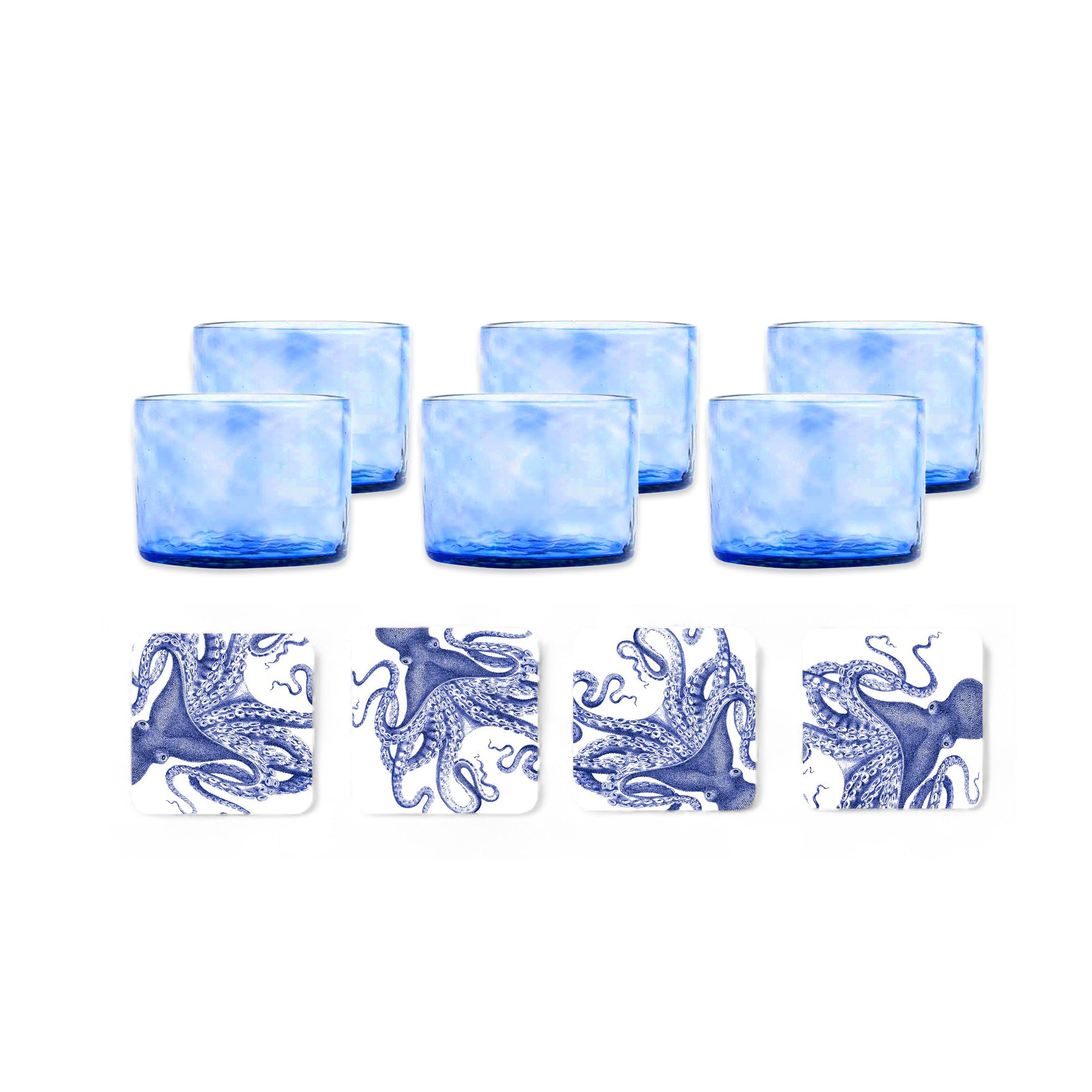 The Caskata "Cobalt Apéro" Bundle features six handmade blue glasses from the Viento Collection, arranged in two rows, with six birchwood coasters below—each decorated with a blue octopus illustration.
