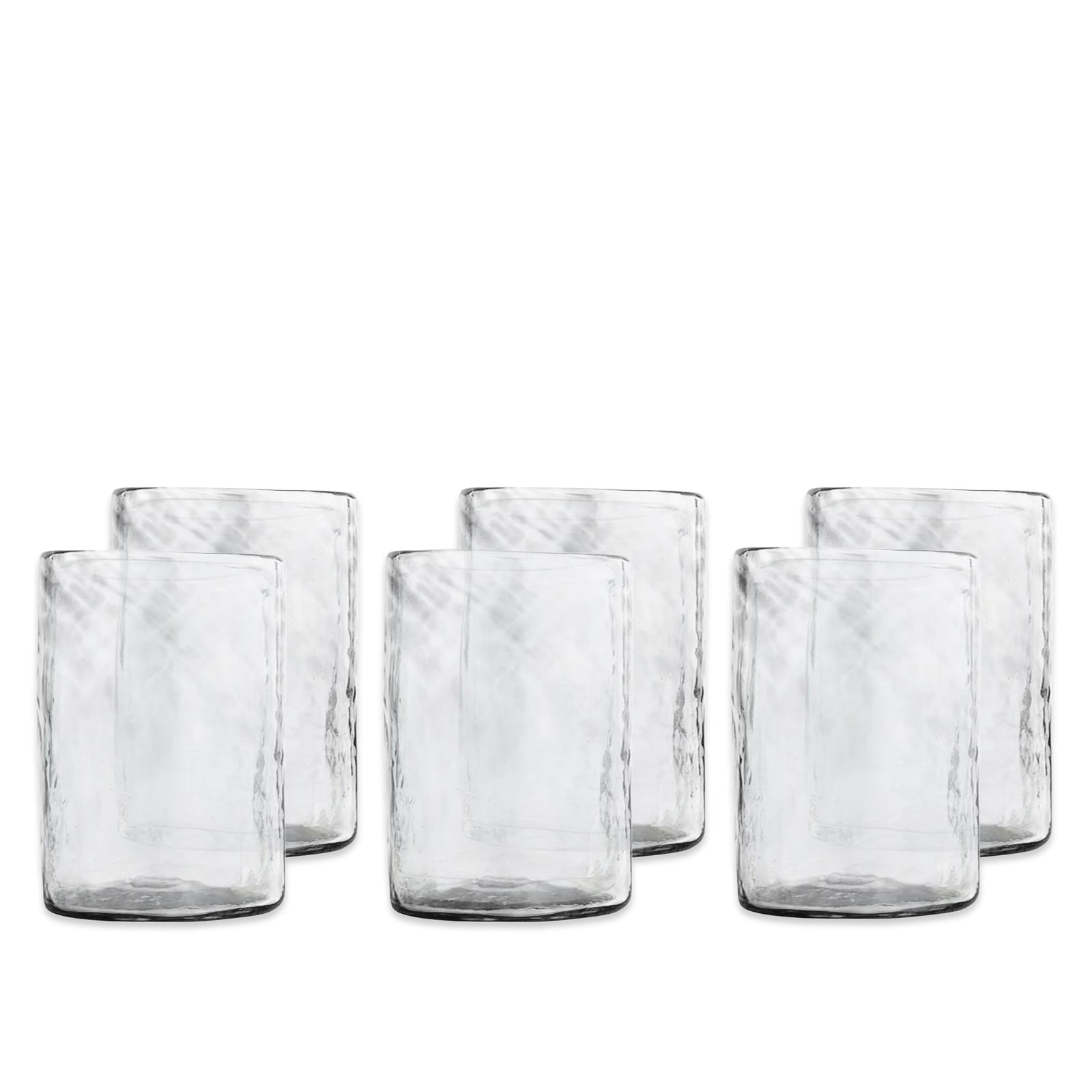 Six Caskata Viento Medium Clear Tumblers, crafted from recycled handblown glass with a textured finish, are arranged in two rows on a white background. Set of 6.